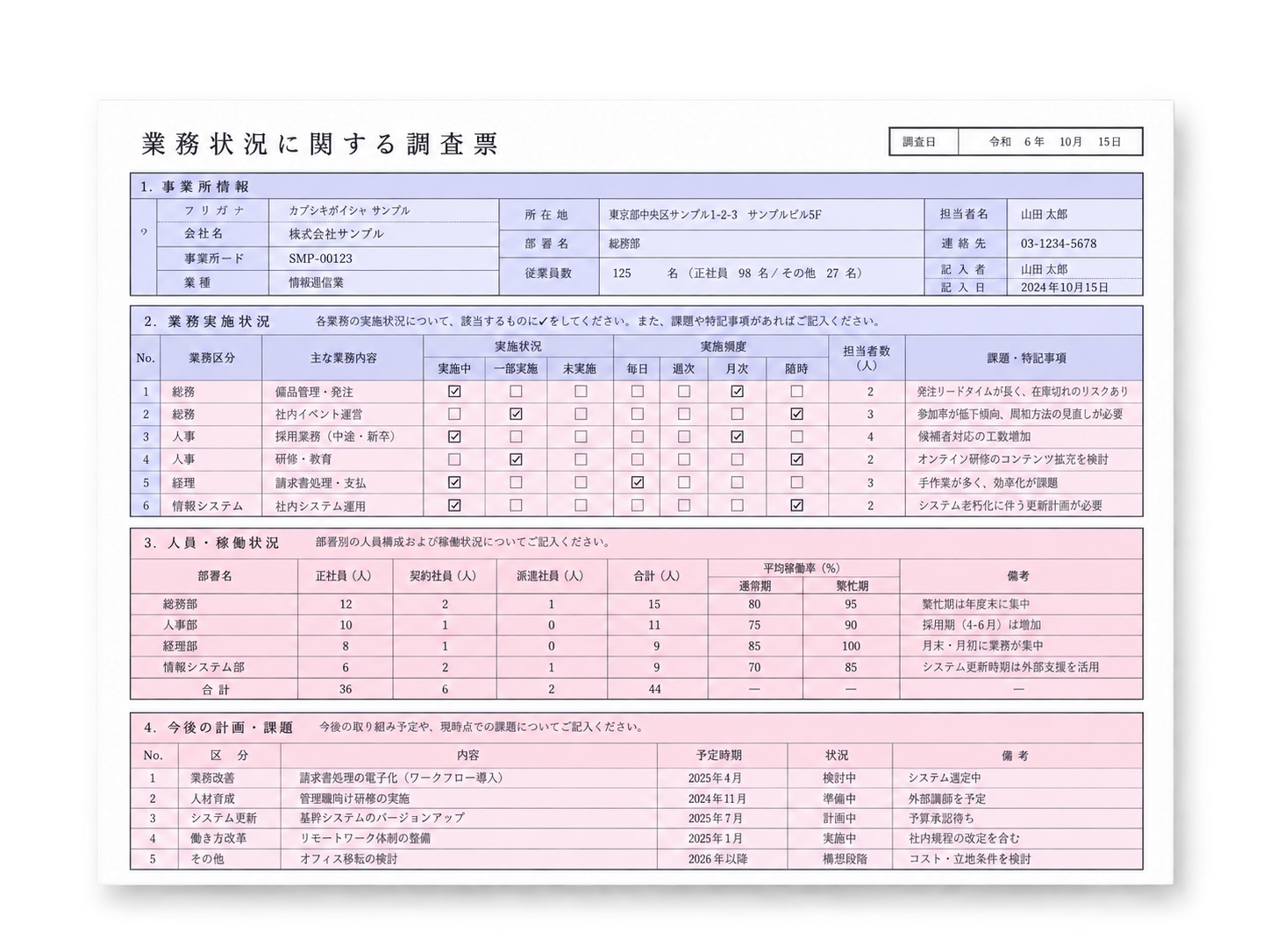 異なる形式の表が混在する帳票のサンプル帳票